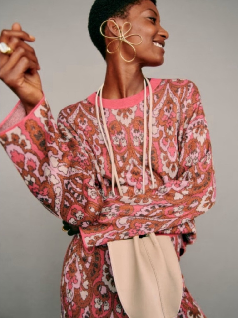SEZANE Coral Pink Cream Metallic Retro Damask Knit Flare Sleeve Michael Sweater